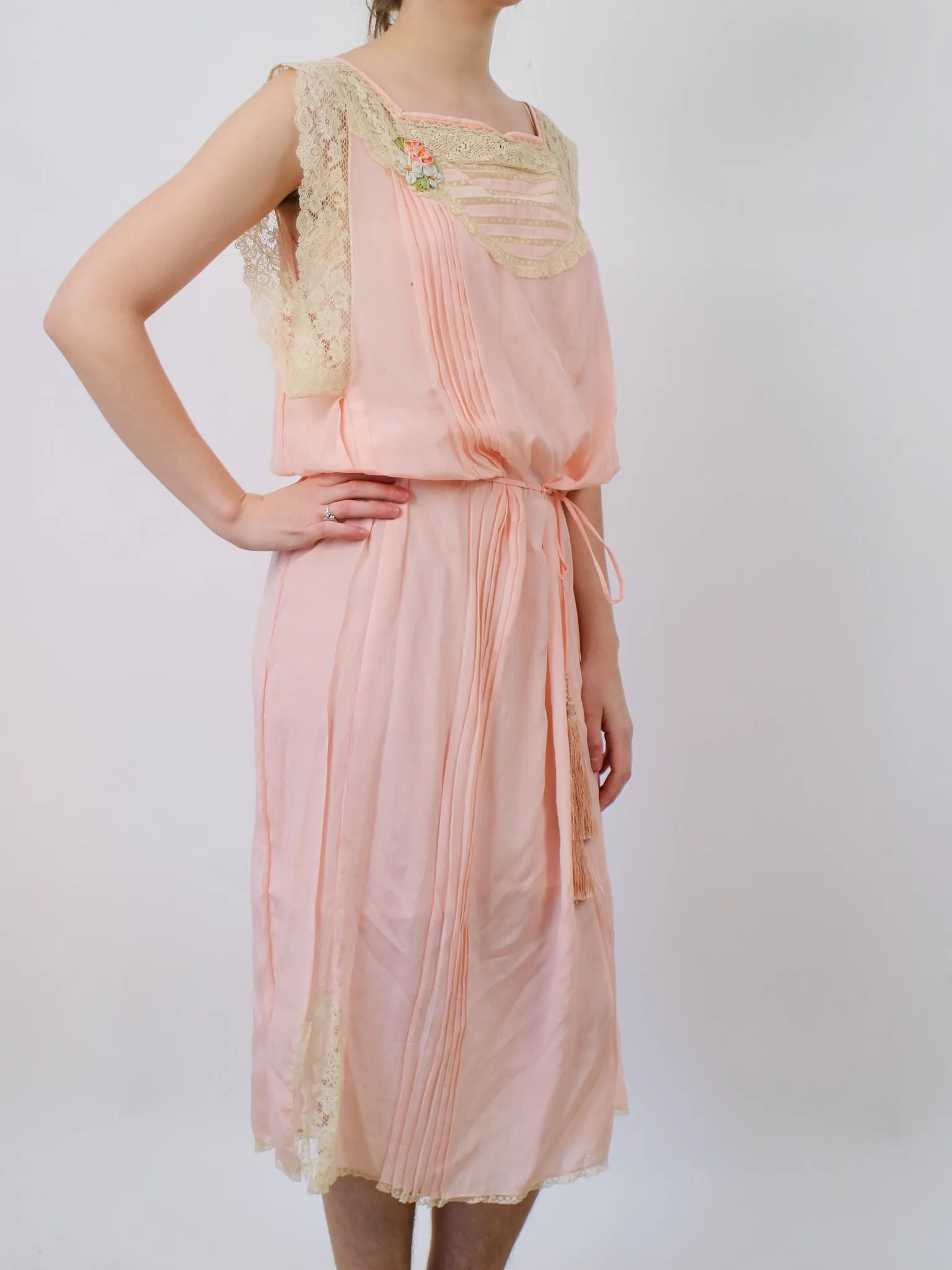 1920s Lightweight Pink Silk and Cream Lace Slip Dress with Original Fringe Belt