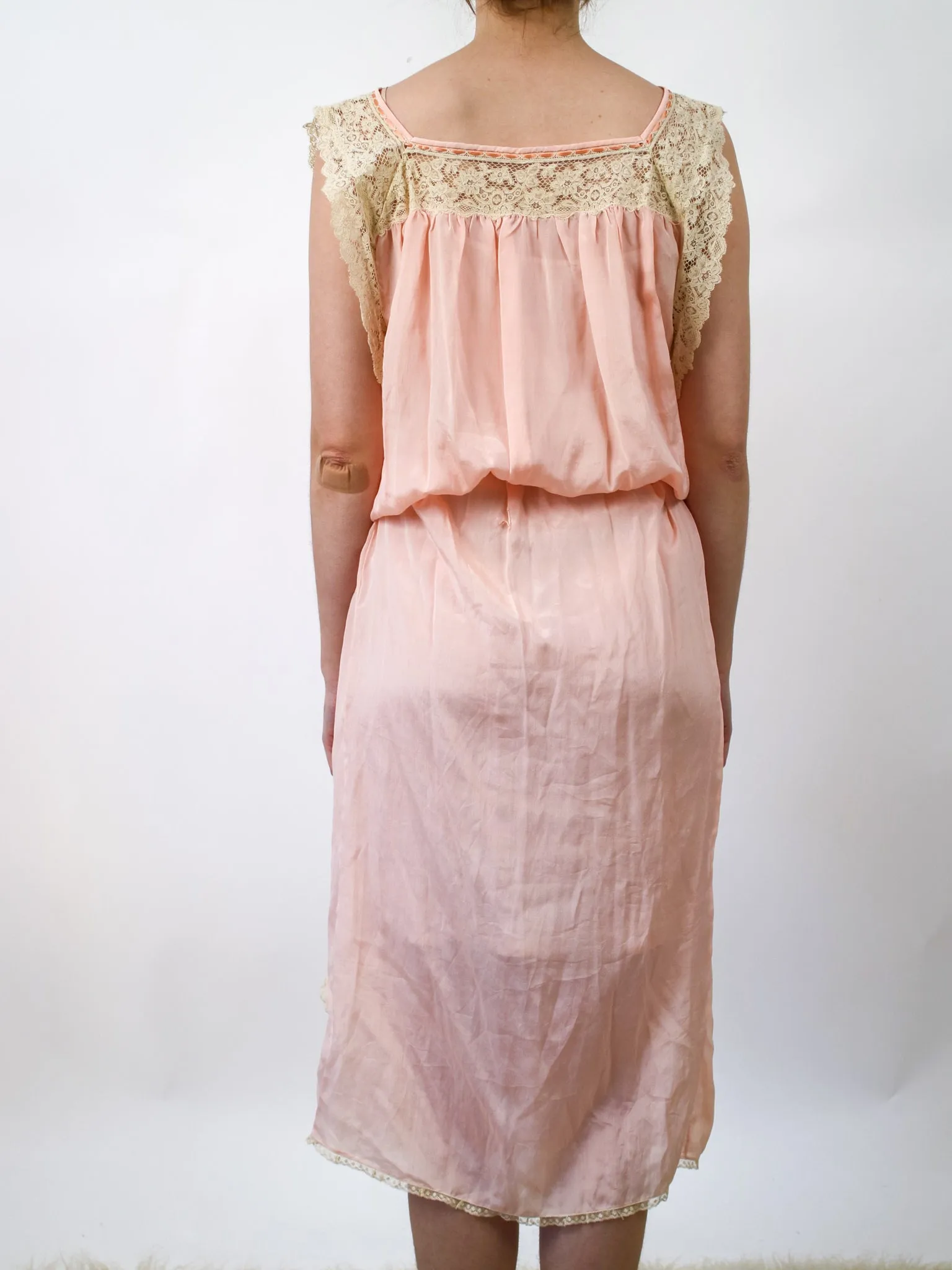 1920s Lightweight Pink Silk and Cream Lace Slip Dress with Original Fringe Belt