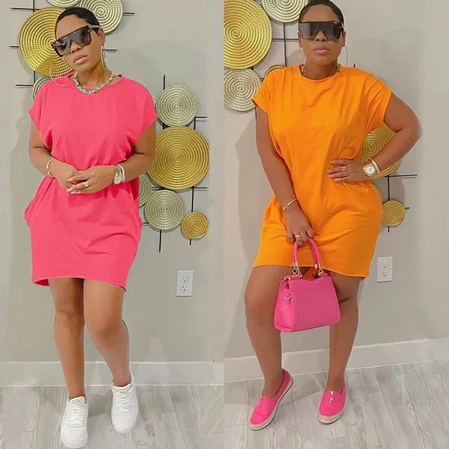 Causal Dress Plus Size Ladies Short Sleeve T-shirt Pocket Dresses 2022