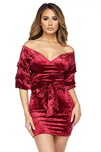 Fashion Secrets Juniors Elbow Red Blue Black Velvet Short V Cut Off Shoulder Waist Tie Night Dress
