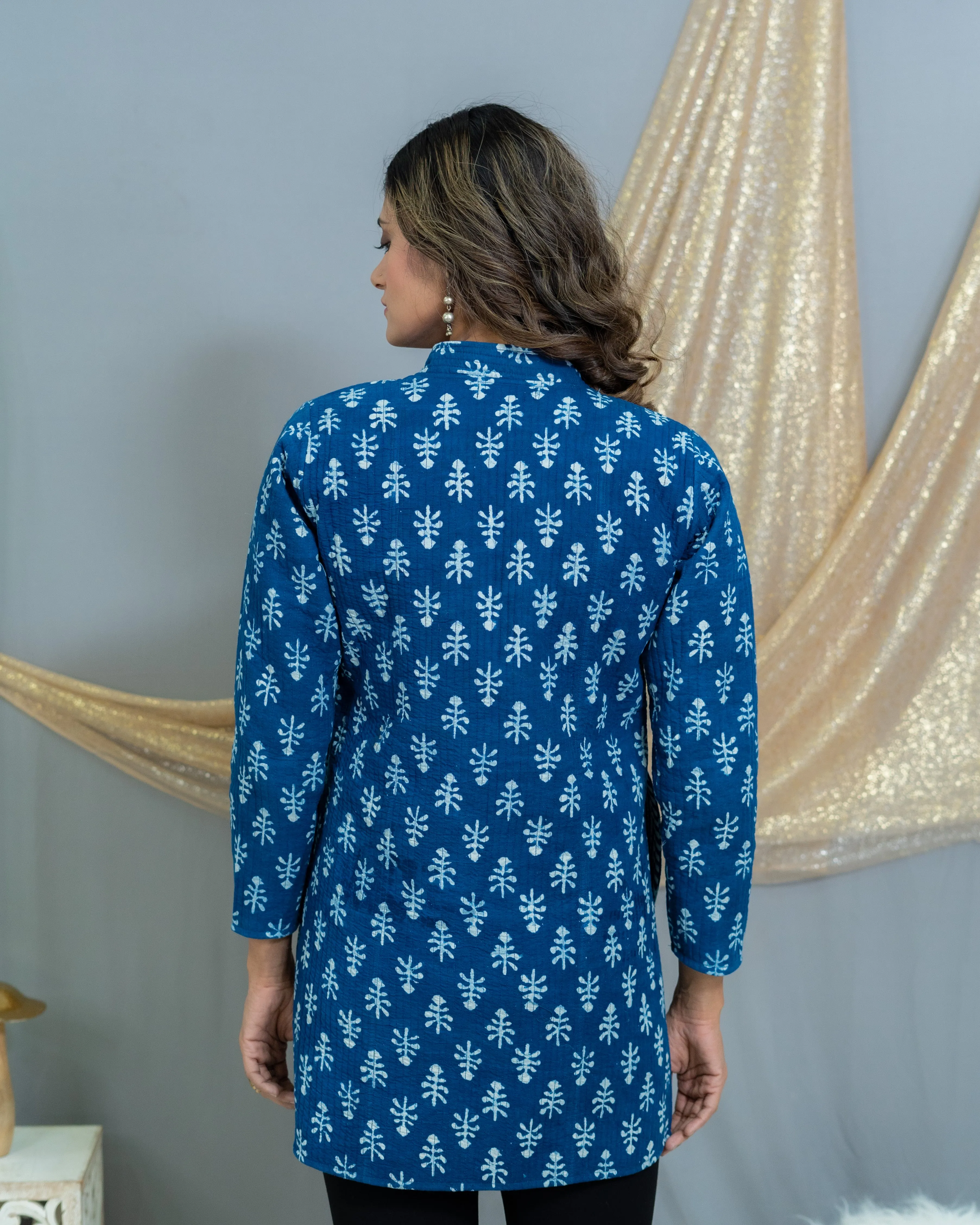 Indigo Dabu Handblock Printed Reversible Quilted Blazer