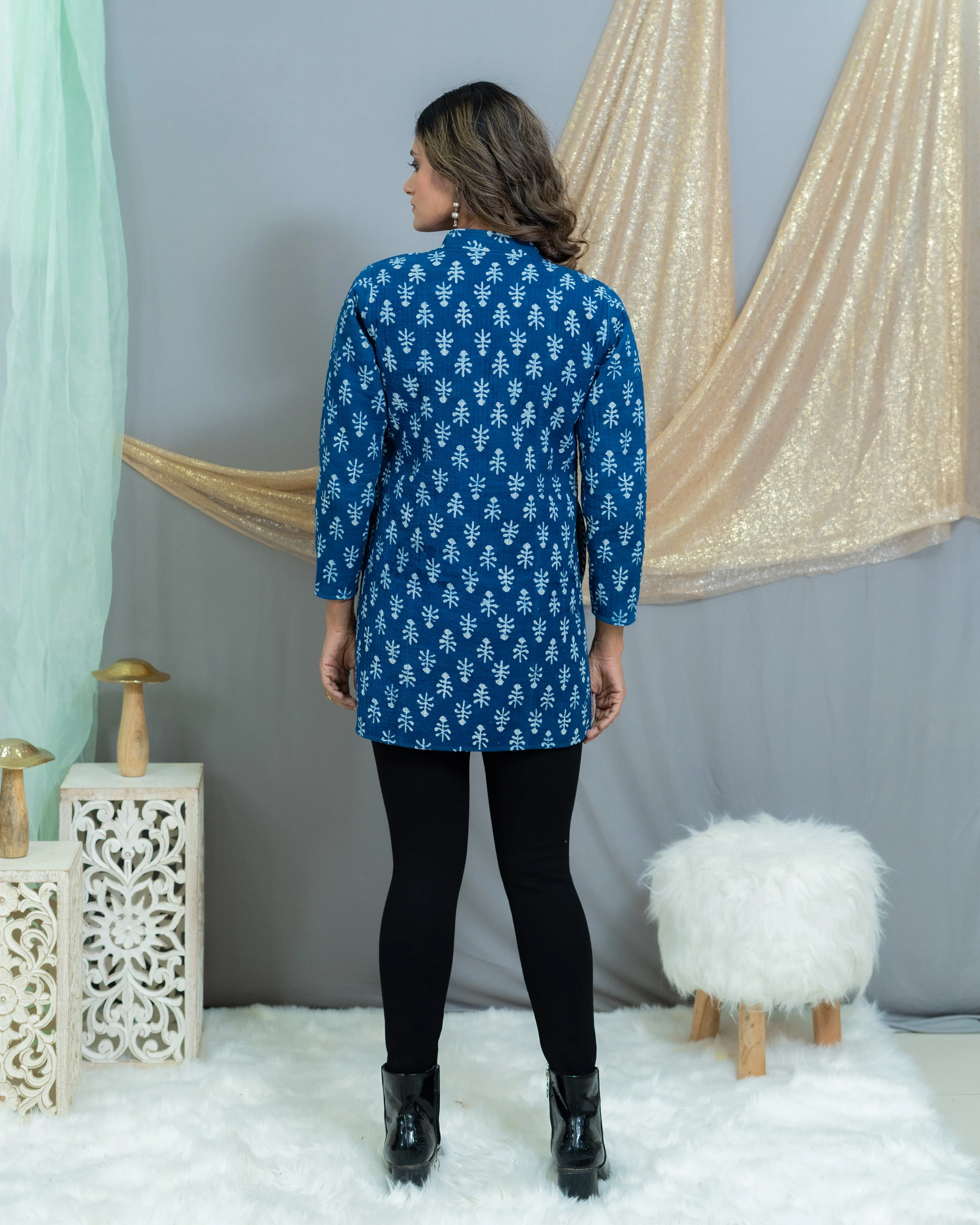 Indigo Dabu Handblock Printed Reversible Quilted Blazer