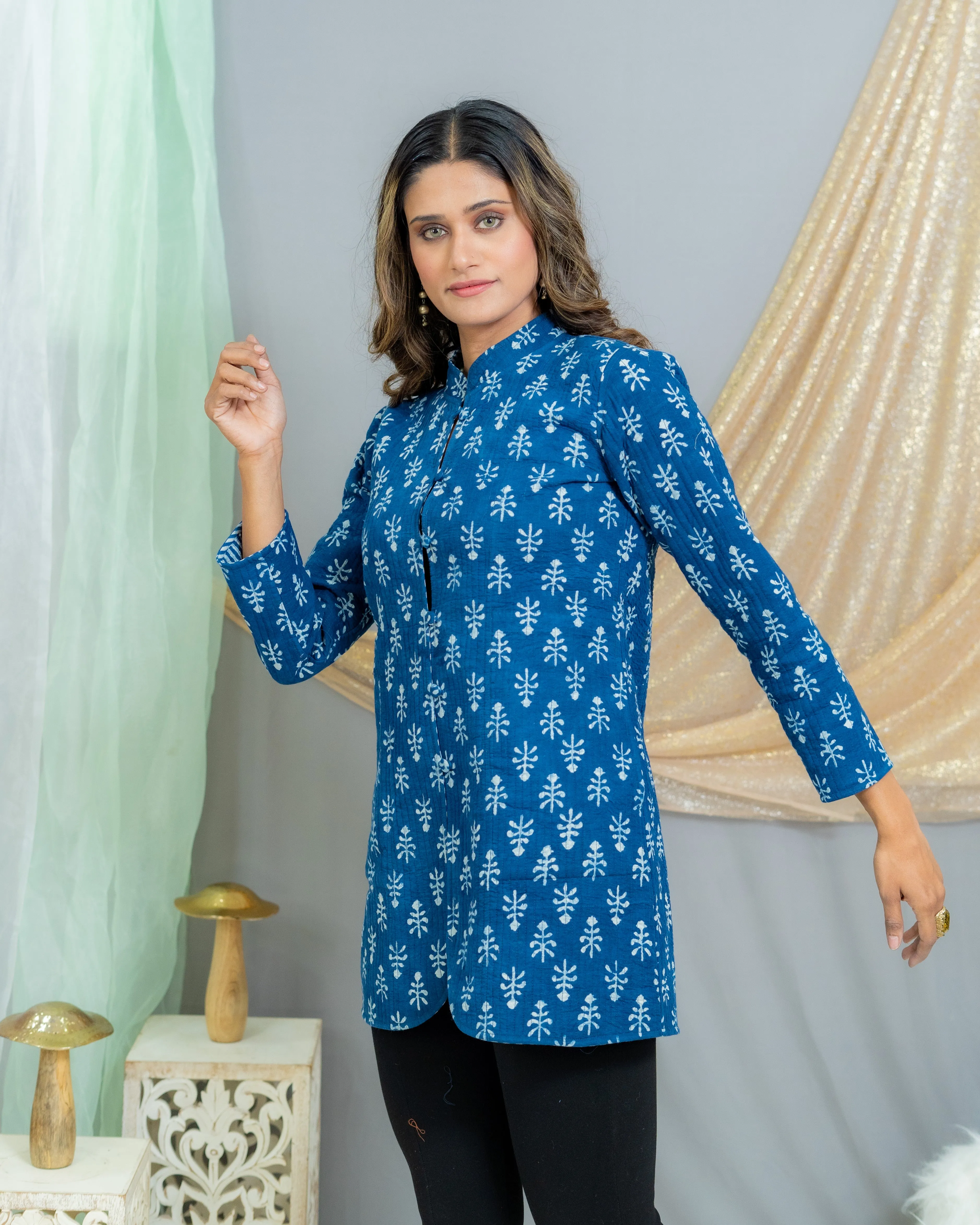 Indigo Dabu Handblock Printed Reversible Quilted Blazer
