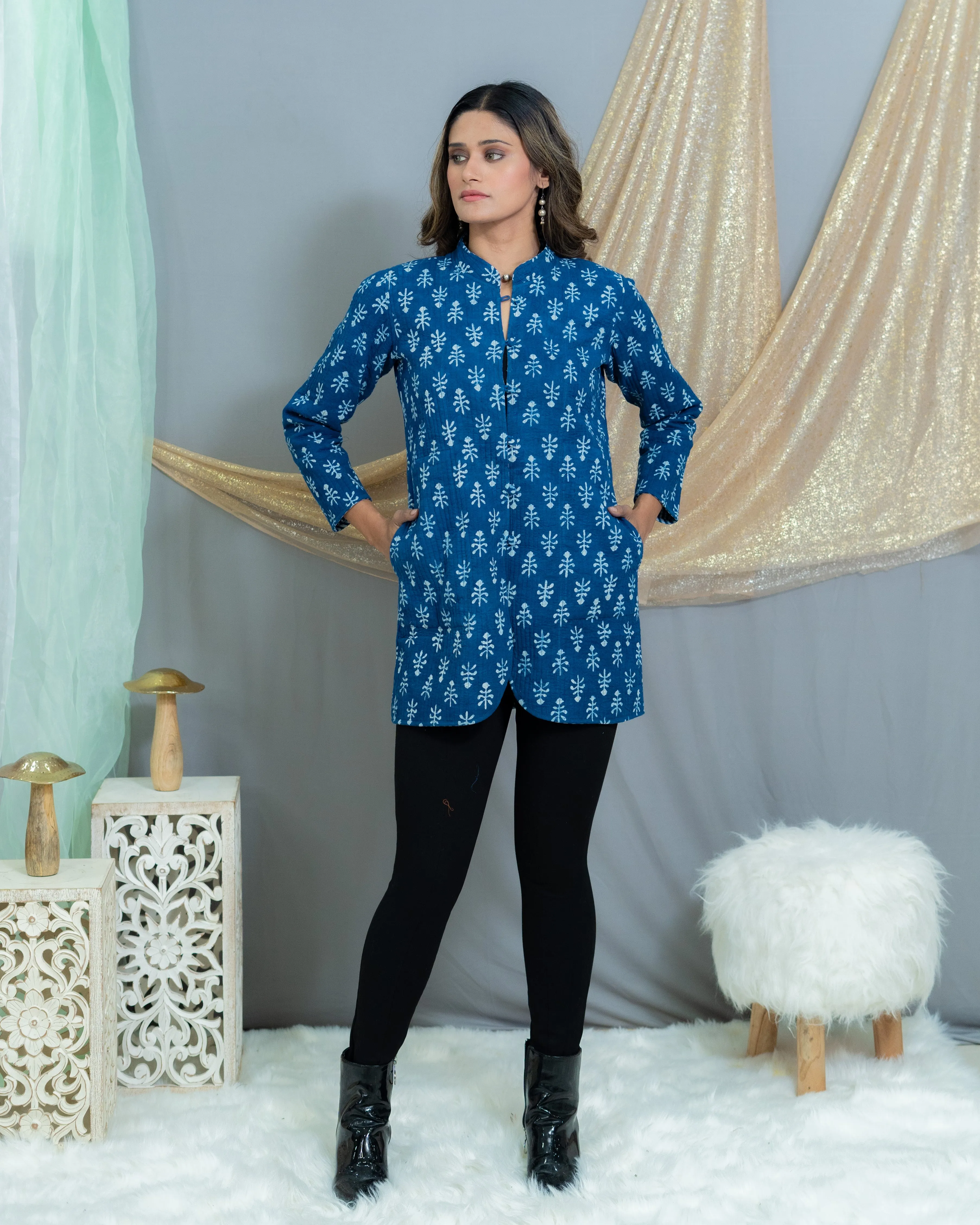 Indigo Dabu Handblock Printed Reversible Quilted Blazer