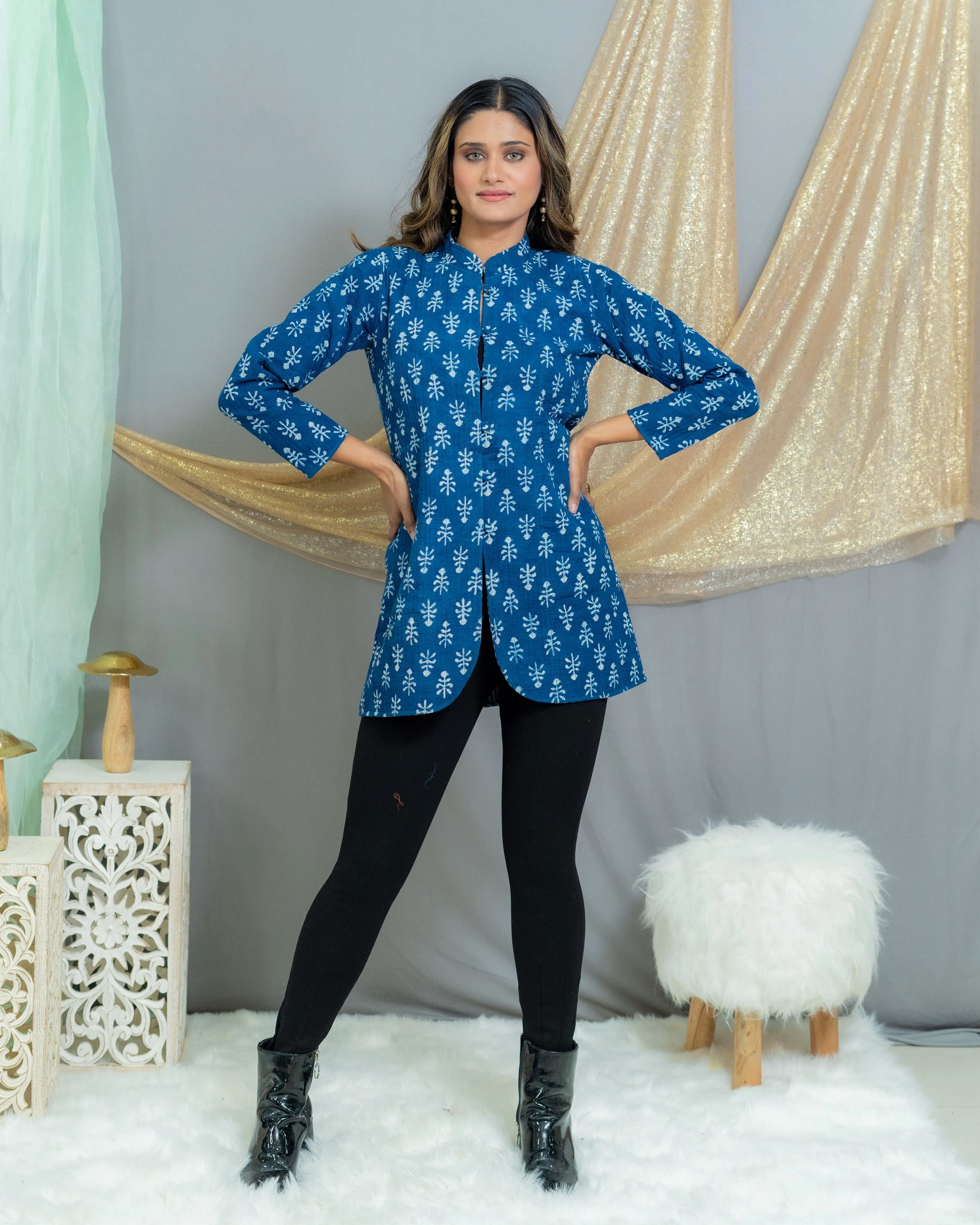 Indigo Dabu Handblock Printed Reversible Quilted Blazer