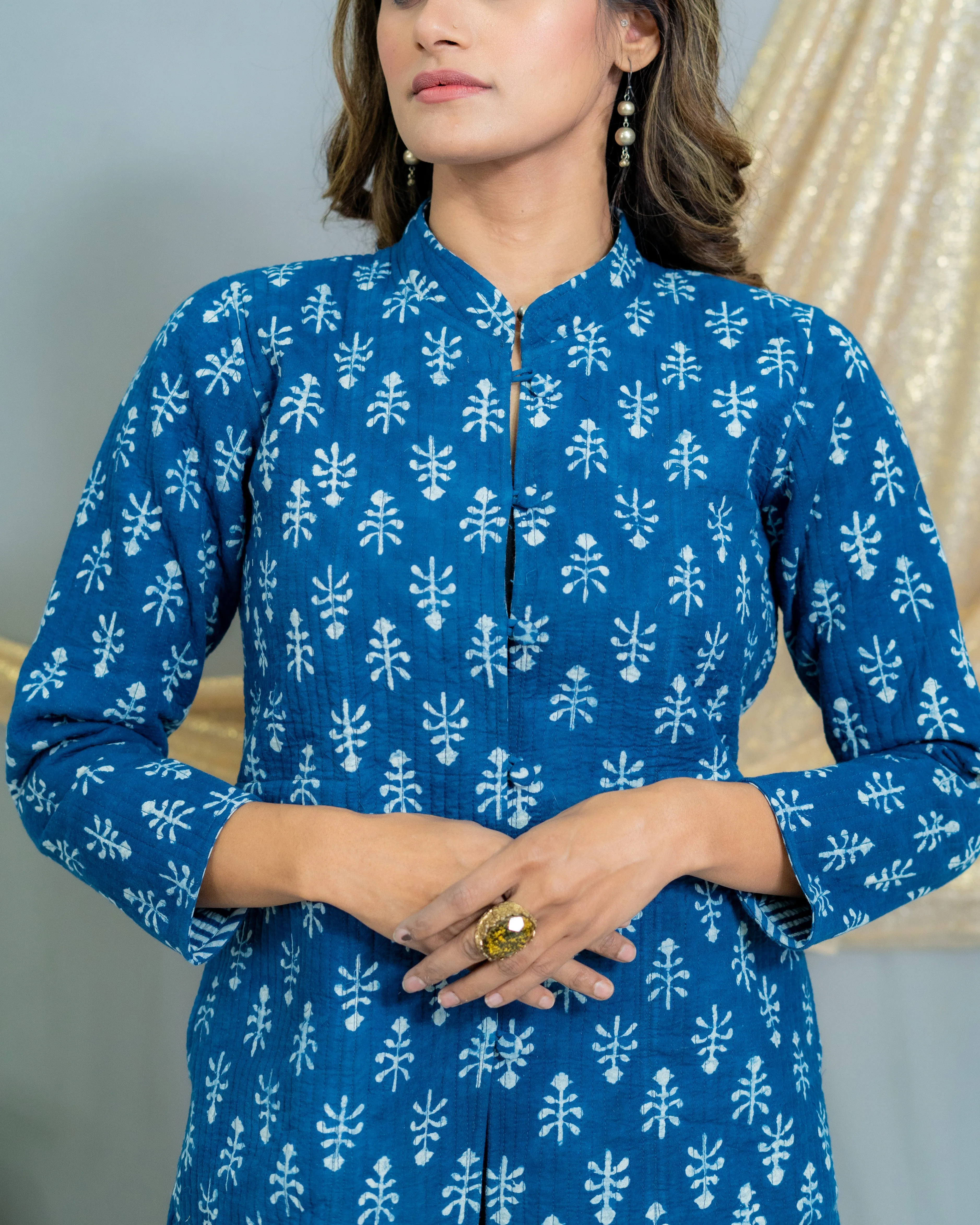 Indigo Dabu Handblock Printed Reversible Quilted Blazer